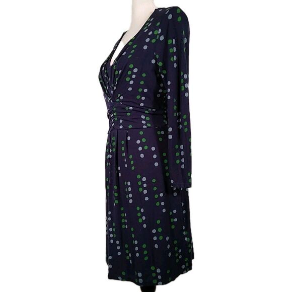 BODEN V Neck Slim Fit Ruched Front Long Sleeve Knee Length Navy Blue W/Dots 8 M - Picture 3 of 8
